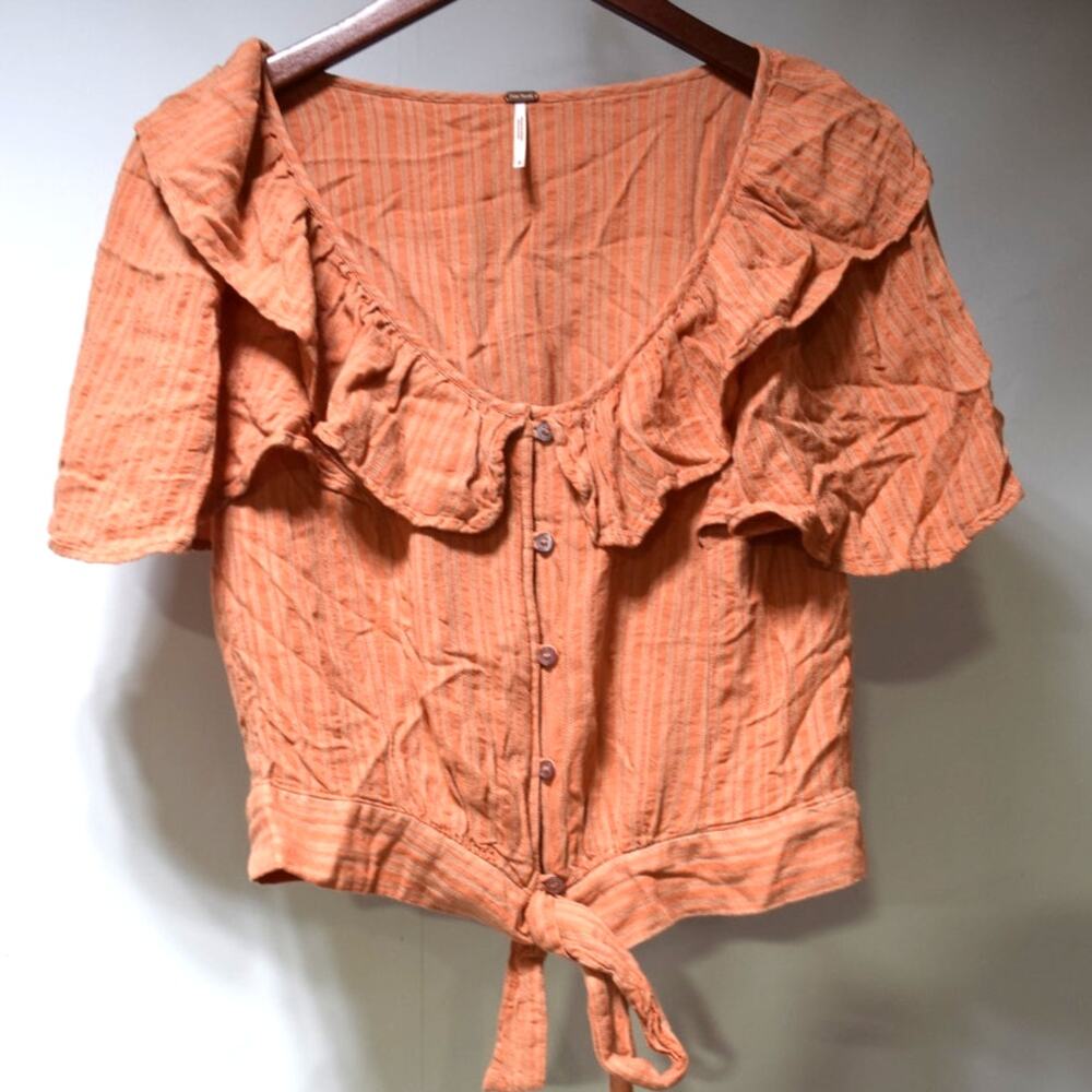 Free People Women’s Medium Orange Striped Ruffle Tie Front Cropped Blouse